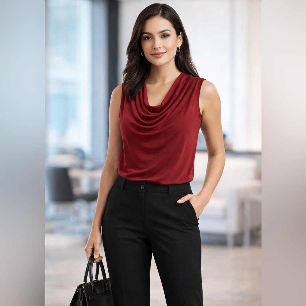 Worthington Red Sleeveless Blouse Size Sm, Draped Neck Top, Stretch Work Tank
